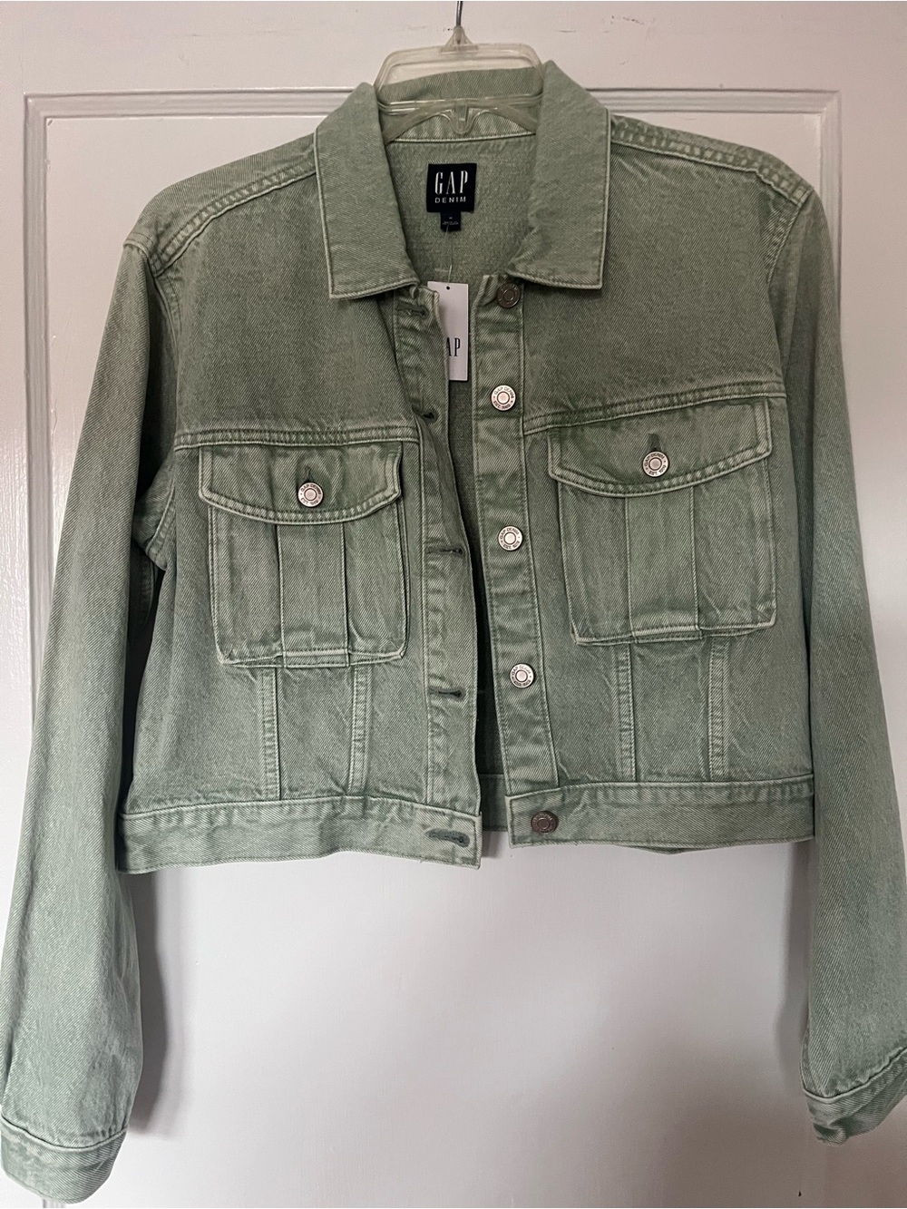GAP Cropped Denim Jacket in Sage Green
